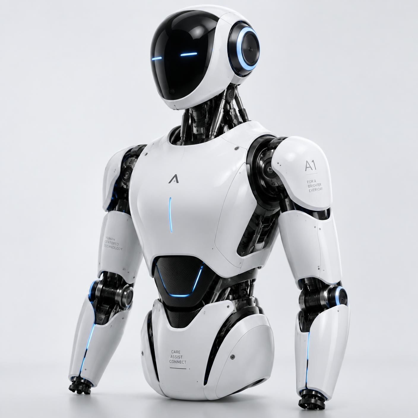 Advanced white and dark robot with blue accent lighting, representing RoByte robotics education